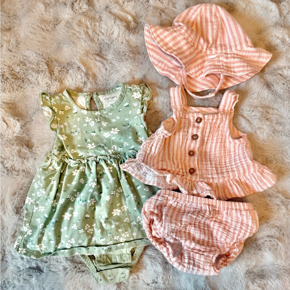 Carters Green Floral Dress and Pink Seersucker Outfit 9 Months